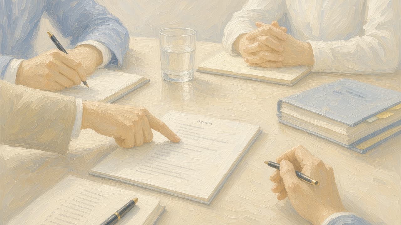 Light oil painting of a board meeting table with hands reviewing documents
