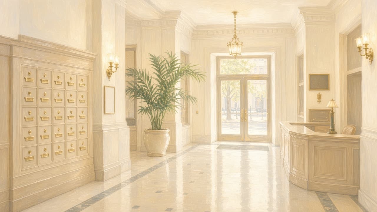 Light oil painting of a pre-war co-op lobby with mailboxes and concierge desk